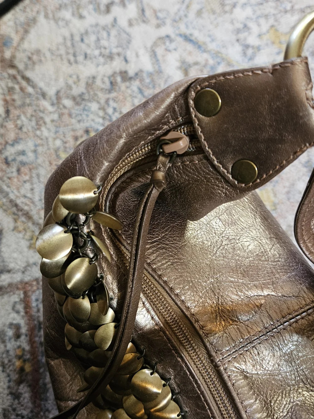 Franco Sarto Metallic Bronze Hobo Bag Coin Trim Slouchy Boho Shoulder Glam Purse